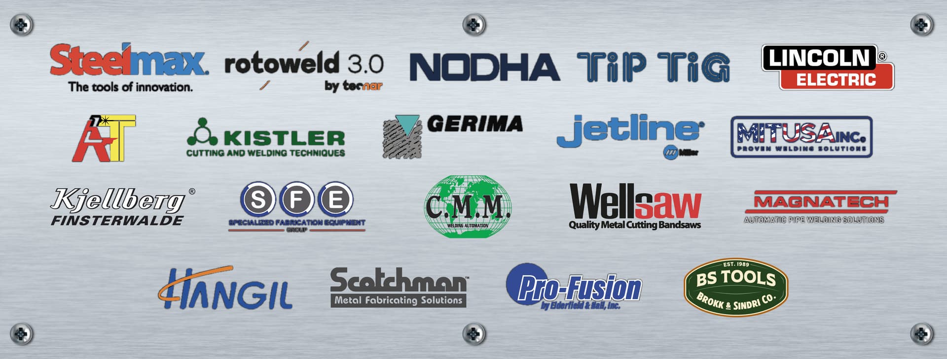 Marcas representadas: Steelmax, Nodha, Magnatech, Rotoweld 3.0, Tip Tig, Gerima, Kjellberg y más